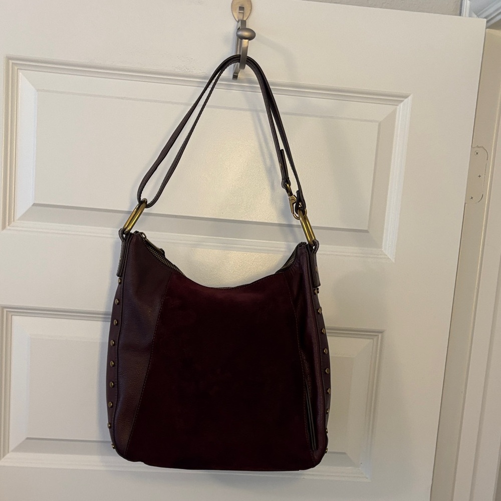 VTG Fossil Bordeaux Talia Hobo bag or crossbody suede & pebbled leather studded - Picture 2 of 16